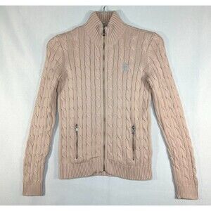 Ralph Lauren Black Label Cardigan Sweater Full Zip Pink Cable Knit Pockets Med